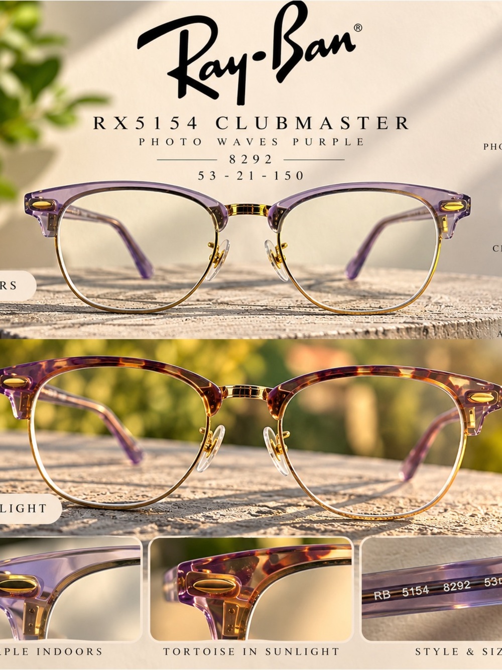 Ray-Ban Clubmaster Glasses in Purple with Gold Accents